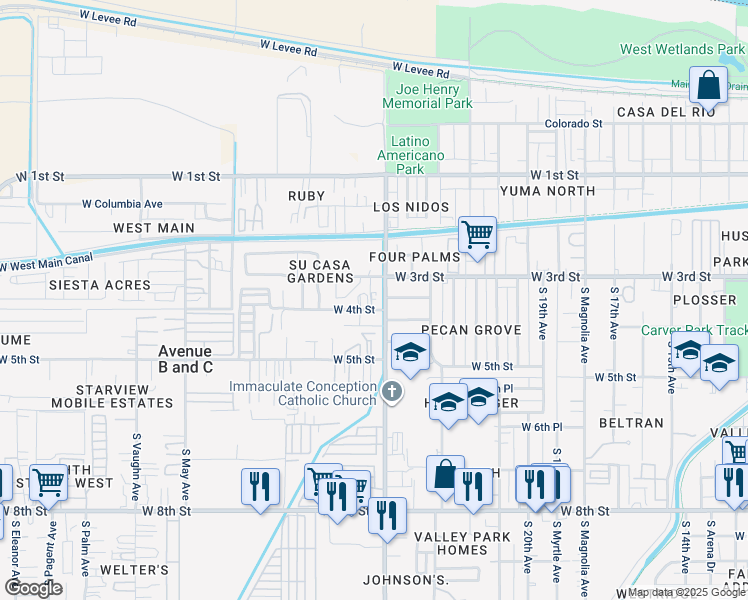 map of restaurants, bars, coffee shops, grocery stores, and more near 2536 West 4th Street in Yuma
