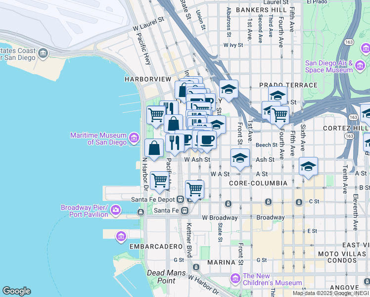 map of restaurants, bars, coffee shops, grocery stores, and more near in San Diego