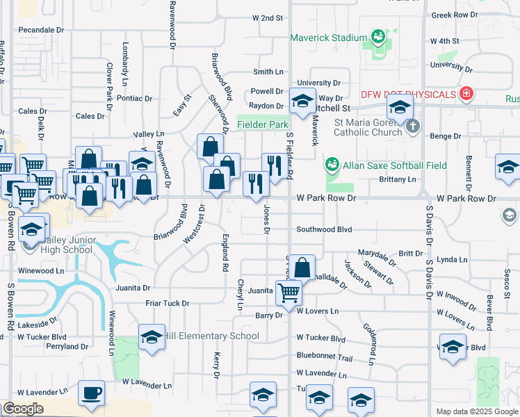 map of restaurants, bars, coffee shops, grocery stores, and more near 1706 West Park Row Drive in Arlington