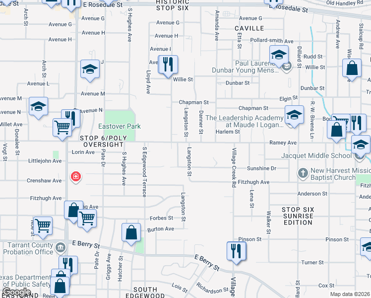 map of restaurants, bars, coffee shops, grocery stores, and more near 4724 Ramey Avenue in Fort Worth