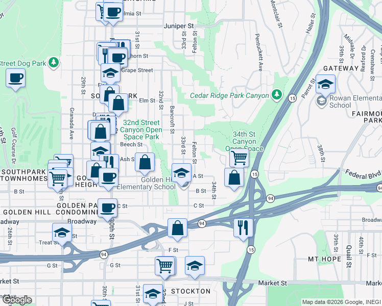 map of restaurants, bars, coffee shops, grocery stores, and more near 1422 Felton Street in San Diego