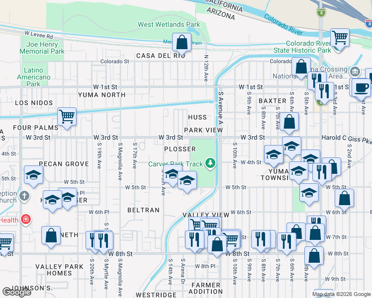map of restaurants, bars, coffee shops, grocery stores, and more near 360 South 13th Avenue in Yuma