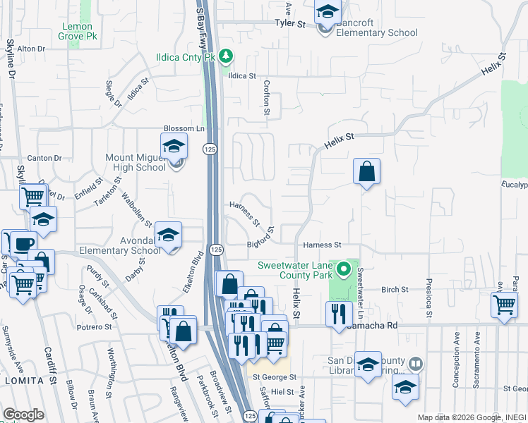 map of restaurants, bars, coffee shops, grocery stores, and more near 8681 Eileen Street in Spring Valley