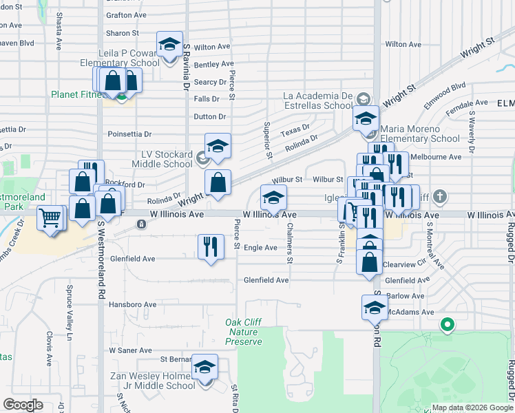 map of restaurants, bars, coffee shops, grocery stores, and more near 2660 Mountain Lake Road in Dallas
