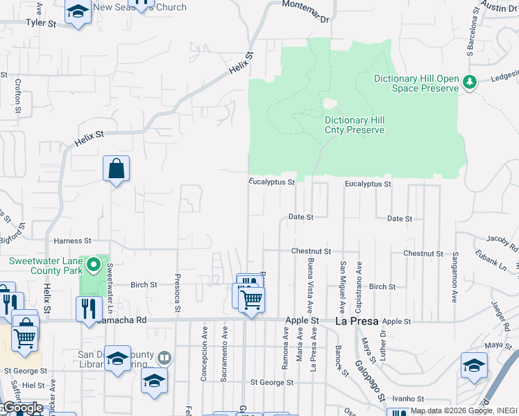 map of restaurants, bars, coffee shops, grocery stores, and more near 1616 Paraiso Avenue in Spring Valley