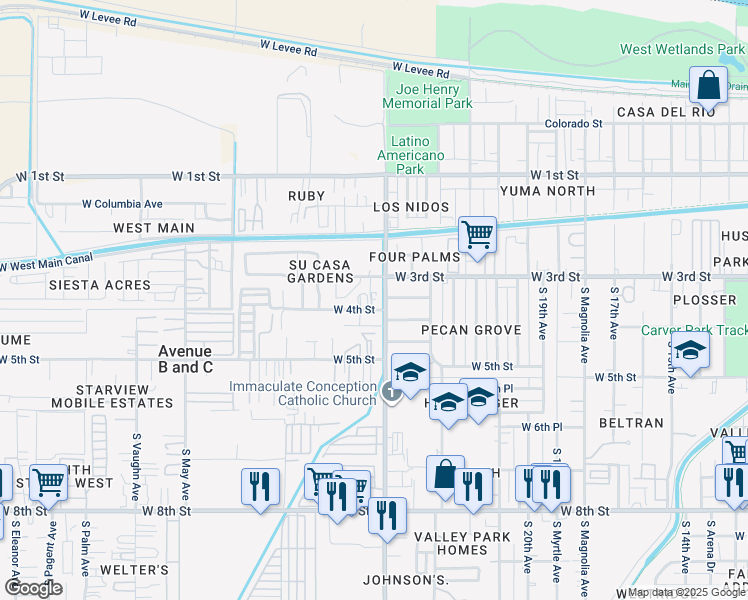 map of restaurants, bars, coffee shops, grocery stores, and more near 2536 West 4th Street in Yuma