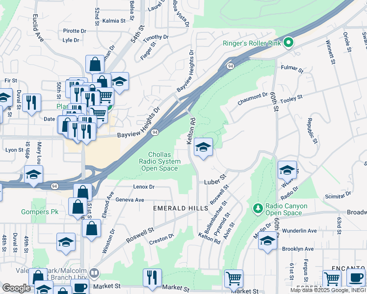 map of restaurants, bars, coffee shops, grocery stores, and more near 5605 Kelton Place in San Diego