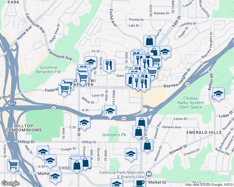 map of restaurants, bars, coffee shops, grocery stores, and more near 4965 Federal Boulevard in San Diego