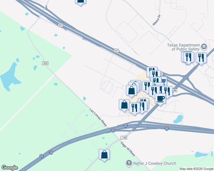 map of restaurants, bars, coffee shops, grocery stores, and more near 551 Crossroads Parkway in Terrell