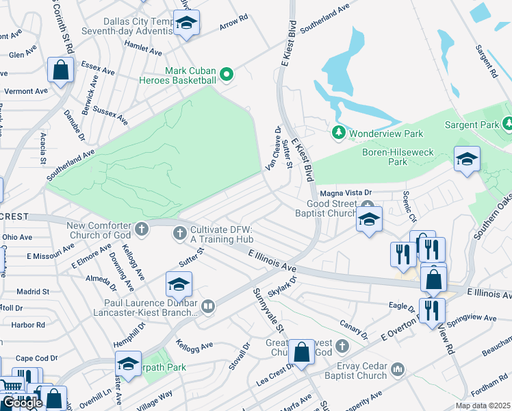 map of restaurants, bars, coffee shops, grocery stores, and more near 2247 Sutter Street in Dallas