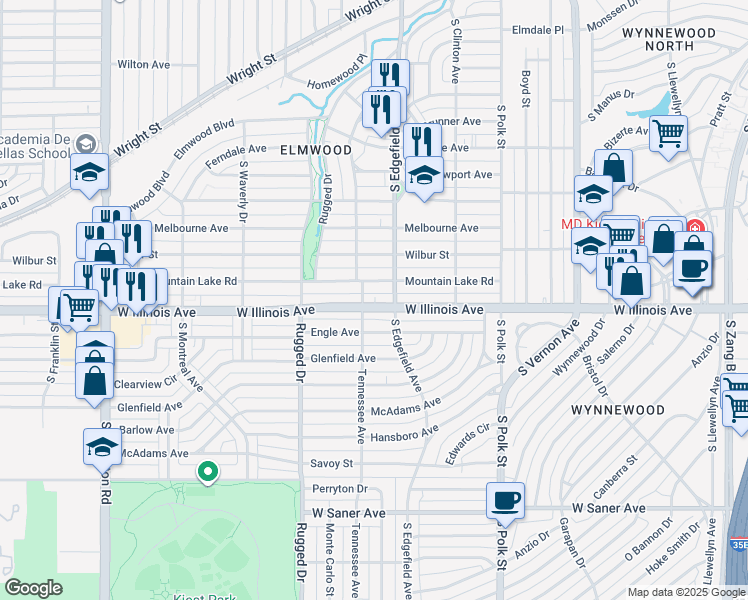 map of restaurants, bars, coffee shops, grocery stores, and more near 1512 Mountain Lake Road in Dallas
