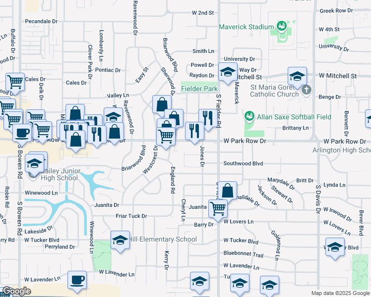 map of restaurants, bars, coffee shops, grocery stores, and more near 1808 West Park Row Drive in Arlington