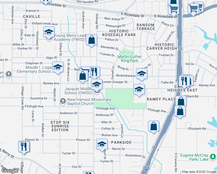 map of restaurants, bars, coffee shops, grocery stores, and more near 5528 Lester Granger Drive in Fort Worth