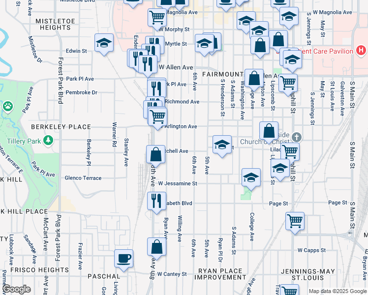 map of restaurants, bars, coffee shops, grocery stores, and more near 2113 Fairmount Avenue in Fort Worth