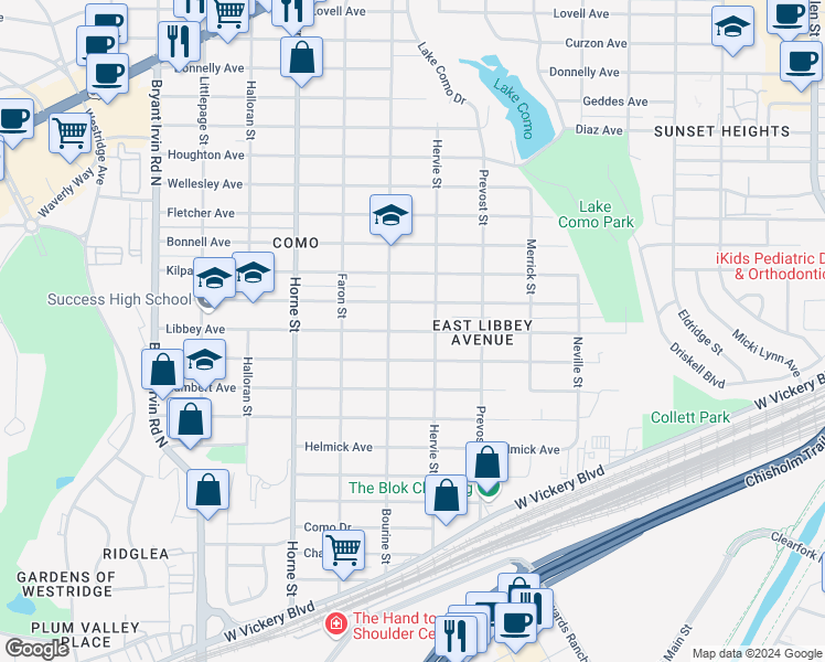 map of restaurants, bars, coffee shops, grocery stores, and more near 5426 Libbey Avenue in Fort Worth