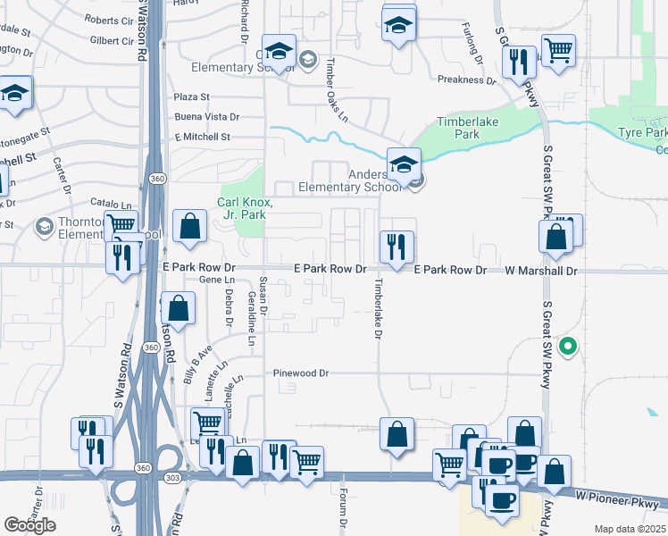 map of restaurants, bars, coffee shops, grocery stores, and more near 3045 East Park Row Drive in Arlington