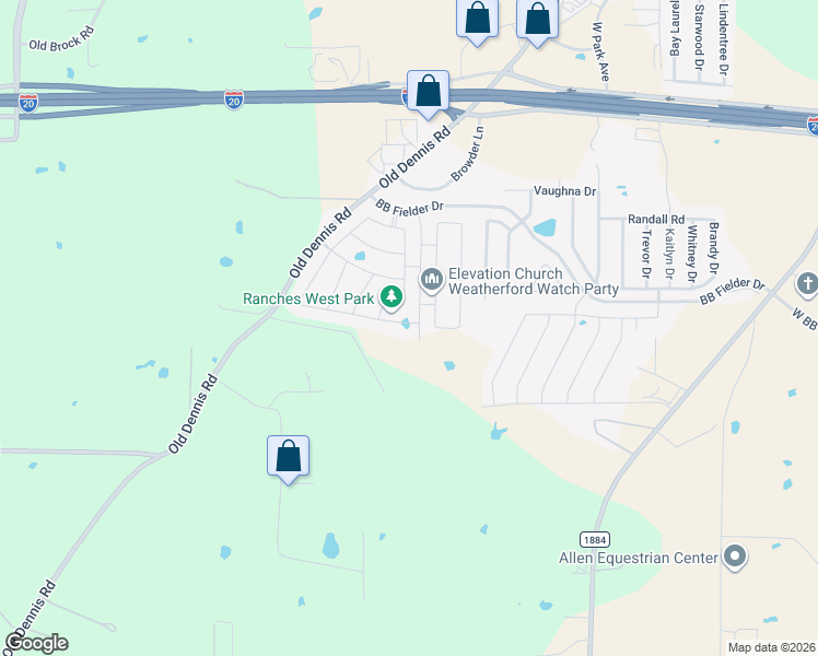 map of restaurants, bars, coffee shops, grocery stores, and more near 2425 Old Dennis Road in Weatherford