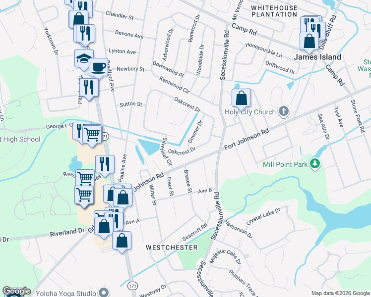 map of restaurants, bars, coffee shops, grocery stores, and more near 1228 Oakcrest Drive in Charleston