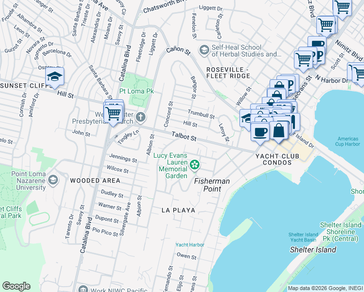 map of restaurants, bars, coffee shops, grocery stores, and more near 936 Bangor Street in San Diego