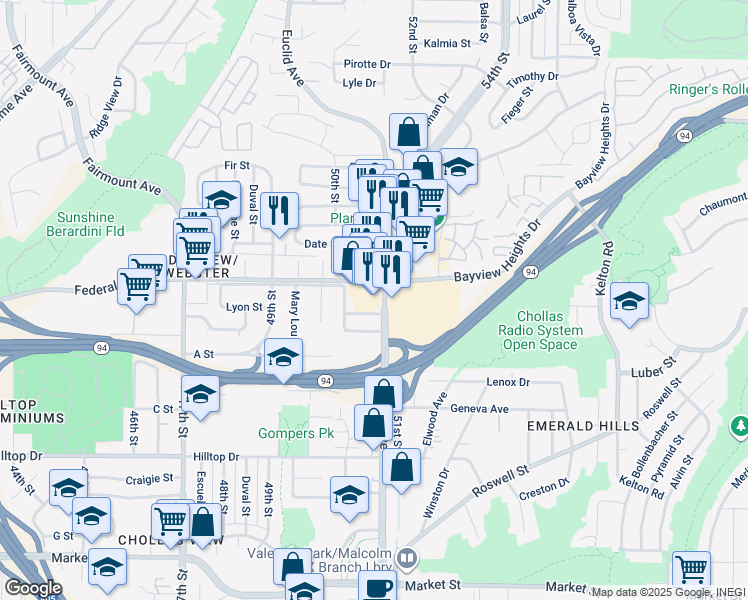 map of restaurants, bars, coffee shops, grocery stores, and more near in San Diego
