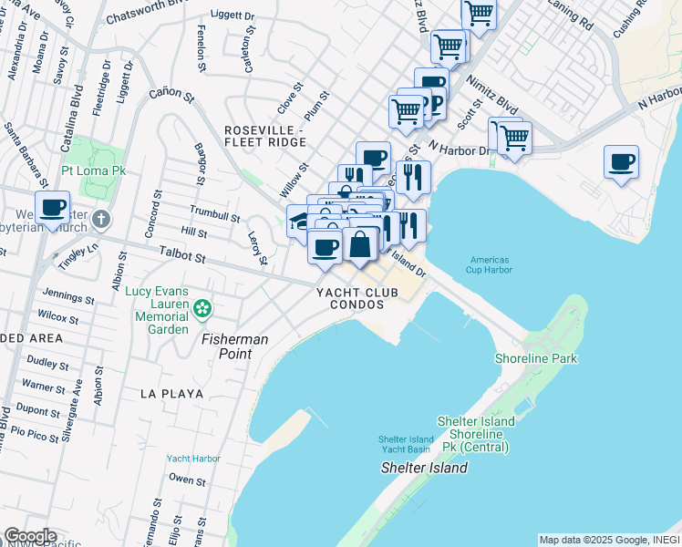 map of restaurants, bars, coffee shops, grocery stores, and more near in San Diego