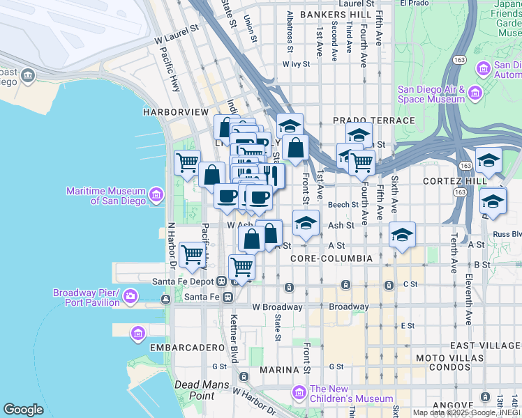 map of restaurants, bars, coffee shops, grocery stores, and more near 1445 India Street in San Diego