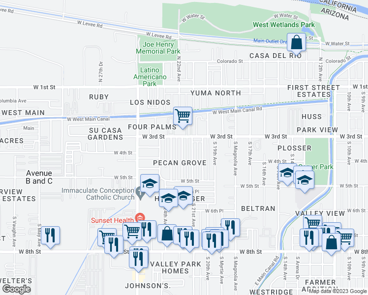 map of restaurants, bars, coffee shops, grocery stores, and more near 309 South 22nd Avenue in Yuma