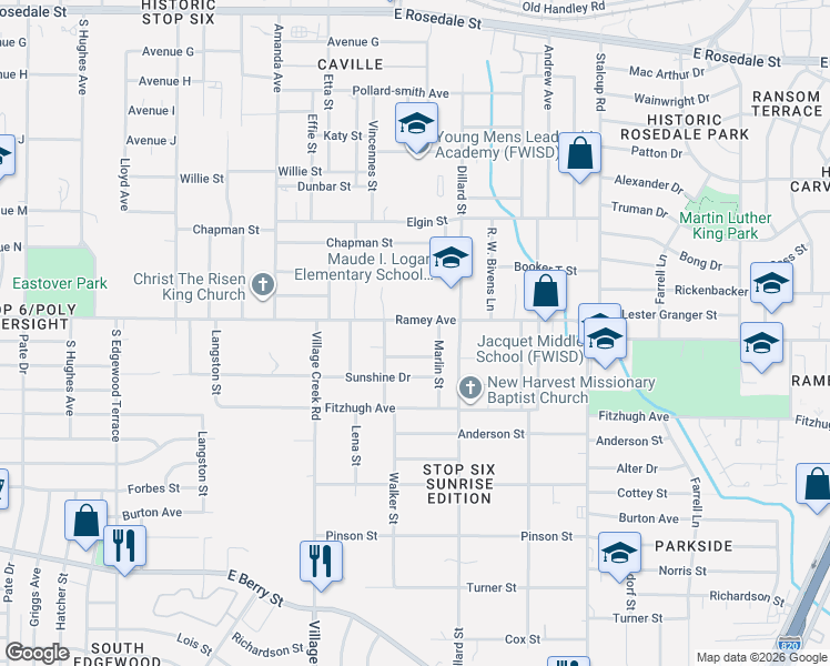 map of restaurants, bars, coffee shops, grocery stores, and more near 5116 Ramey Avenue in Fort Worth