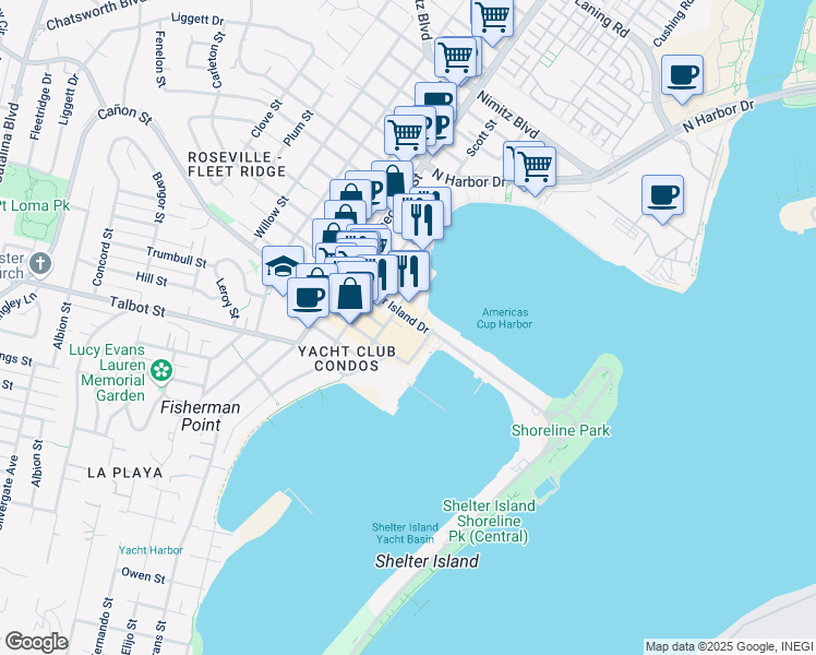 map of restaurants, bars, coffee shops, grocery stores, and more near 2700 Shelter Island Drive in San Diego