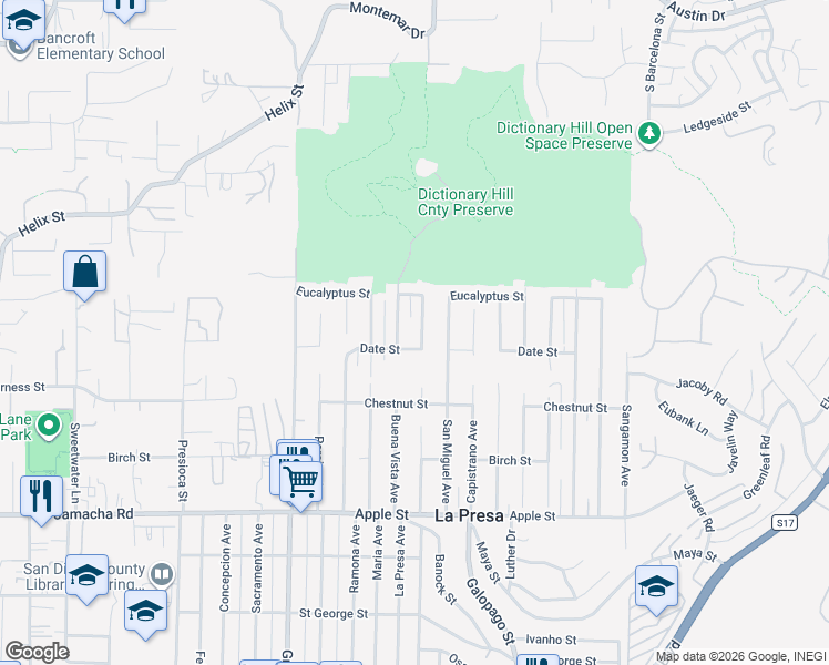 map of restaurants, bars, coffee shops, grocery stores, and more near 1626 La Presa Avenue in Spring Valley