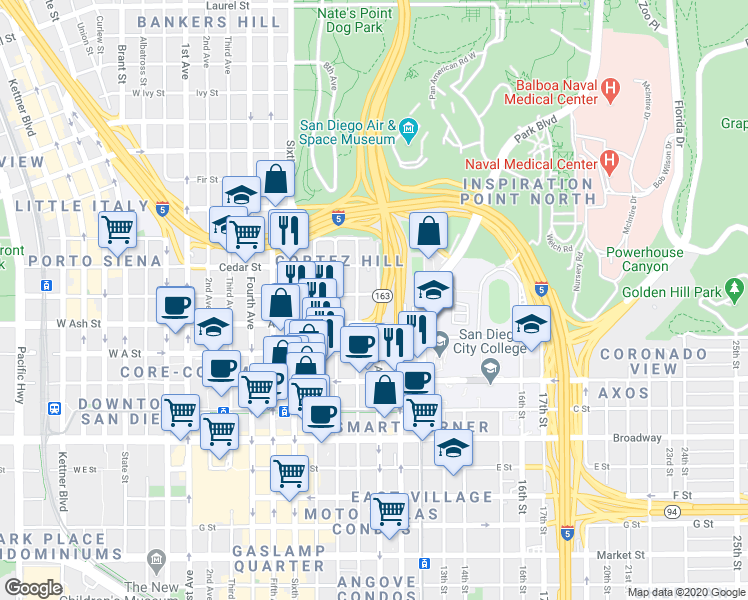 map of restaurants, bars, coffee shops, grocery stores, and more near 1449 Ninth Avenue in San Diego