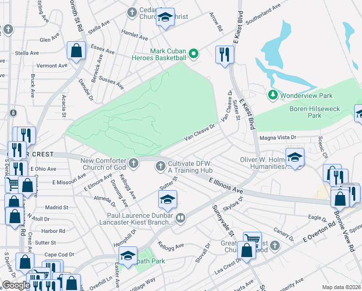 map of restaurants, bars, coffee shops, grocery stores, and more near 2054 Van Cleave Drive in Dallas