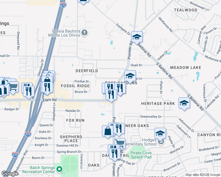 map of restaurants, bars, coffee shops, grocery stores, and more near 3521 Pioneer Road in Balch Springs