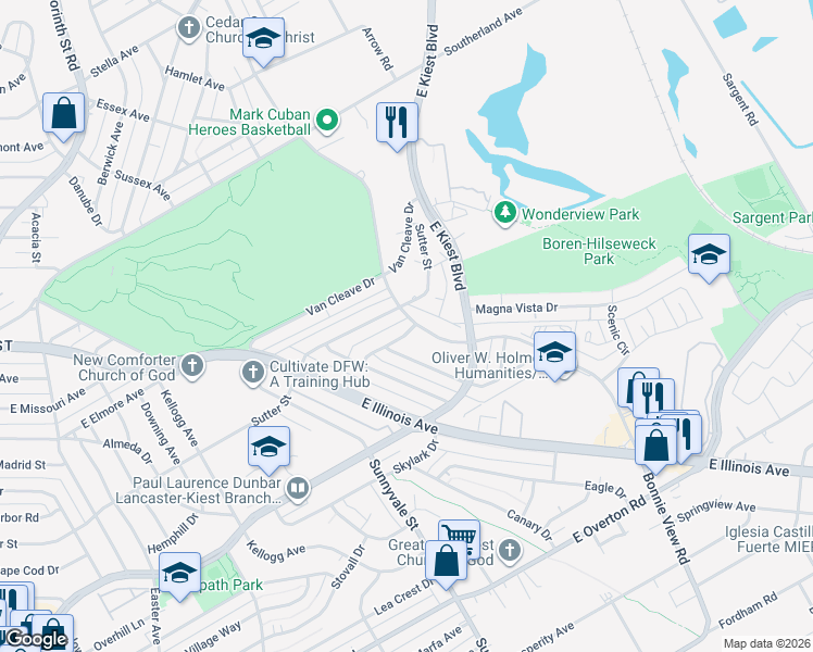 map of restaurants, bars, coffee shops, grocery stores, and more near 2261 Narboe Street in Dallas