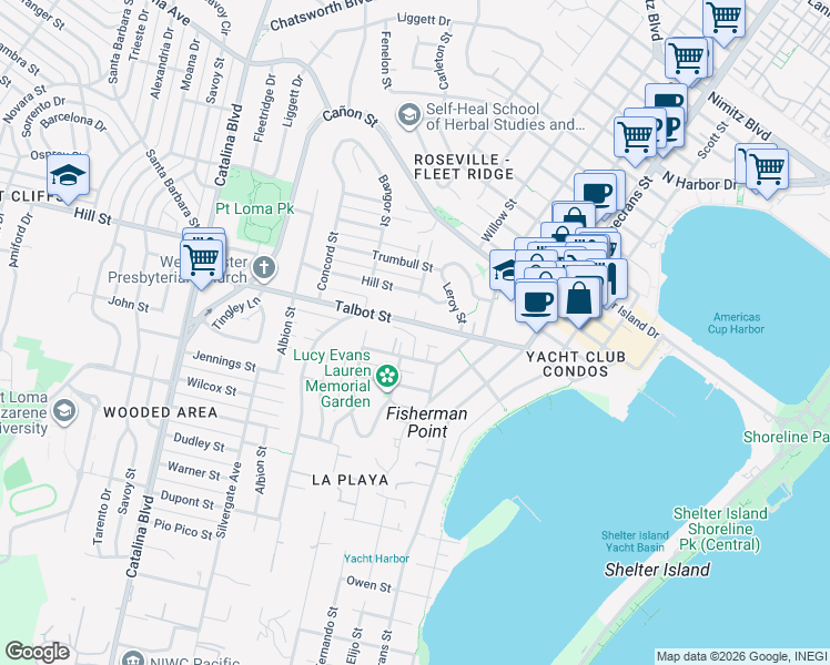 map of restaurants, bars, coffee shops, grocery stores, and more near 3296 Martinez Street in San Diego