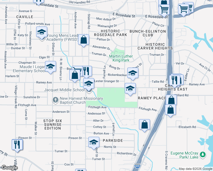 map of restaurants, bars, coffee shops, grocery stores, and more near 5608 Lester Granger Drive in Fort Worth