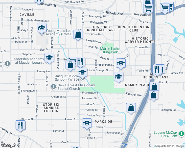 map of restaurants, bars, coffee shops, grocery stores, and more near 5528 Lester Granger Drive in Fort Worth