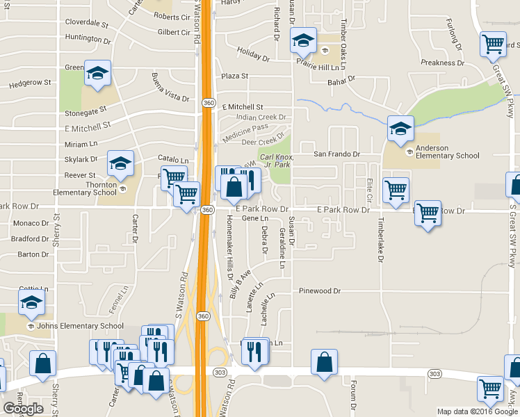 map of restaurants, bars, coffee shops, grocery stores, and more near 2807 E Park Row Dr in Arlington
