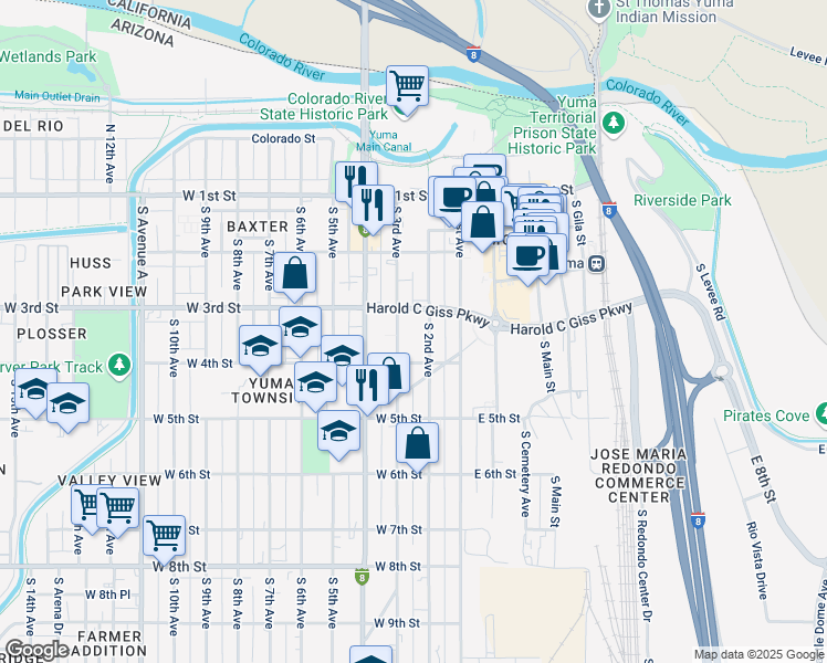 map of restaurants, bars, coffee shops, grocery stores, and more near 353 South 3rd Avenue in Yuma