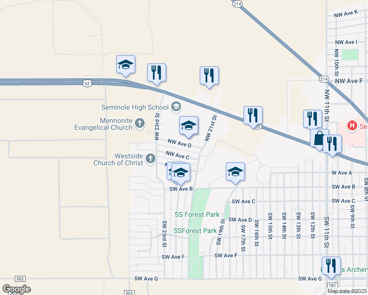 map of restaurants, bars, coffee shops, grocery stores, and more near 2100-2128 NW Ave D in Seminole