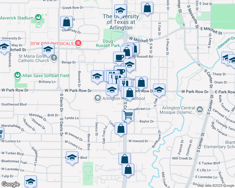 map of restaurants, bars, coffee shops, grocery stores, and more near 716 West Park Row Drive in Arlington