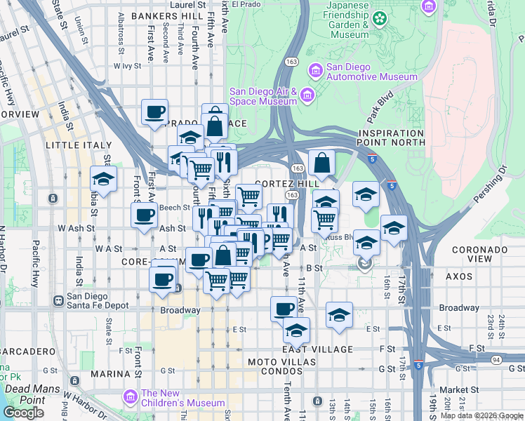 map of restaurants, bars, coffee shops, grocery stores, and more near 825 Beech Street in San Diego