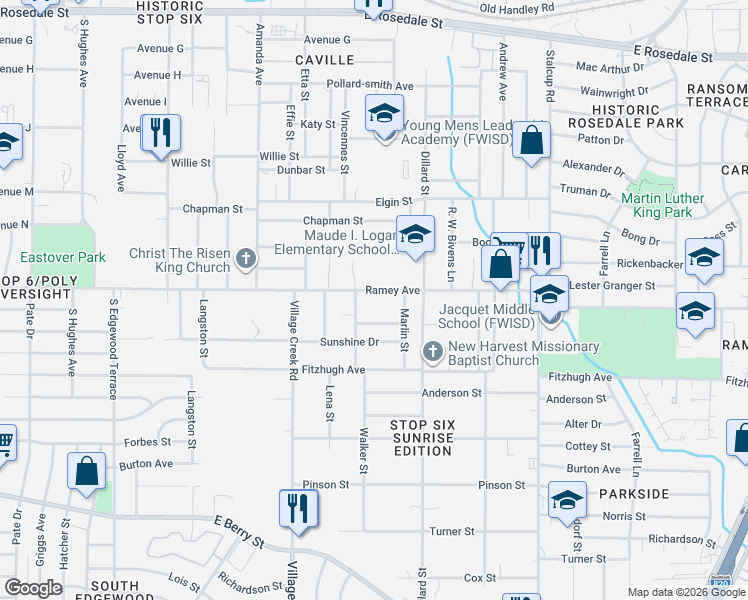 map of restaurants, bars, coffee shops, grocery stores, and more near 5116 Ramey Avenue in Fort Worth