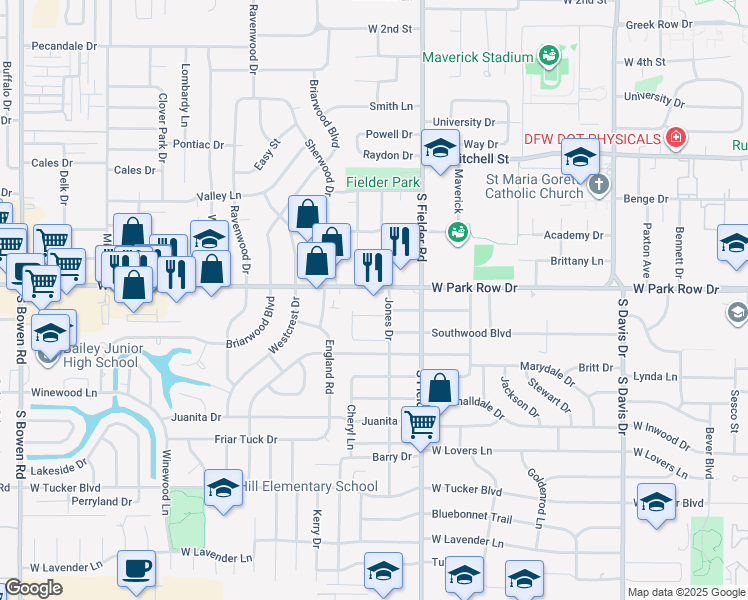 map of restaurants, bars, coffee shops, grocery stores, and more near 1706 West Park Row Drive in Arlington