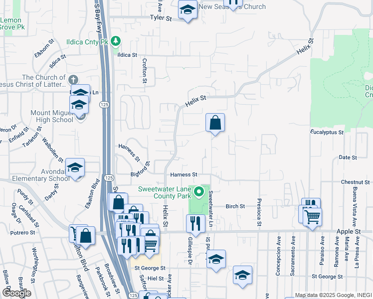 map of restaurants, bars, coffee shops, grocery stores, and more near 1651 Helix Street in Spring Valley
