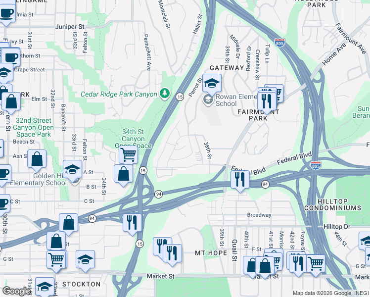 map of restaurants, bars, coffee shops, grocery stores, and more near 3660 Cactusridge Court in San Diego