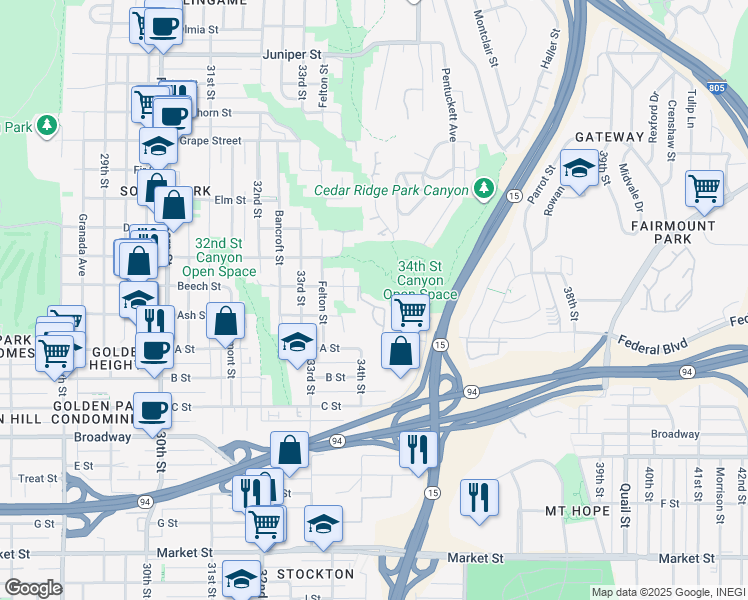 map of restaurants, bars, coffee shops, grocery stores, and more near 3485 Beech Street in San Diego