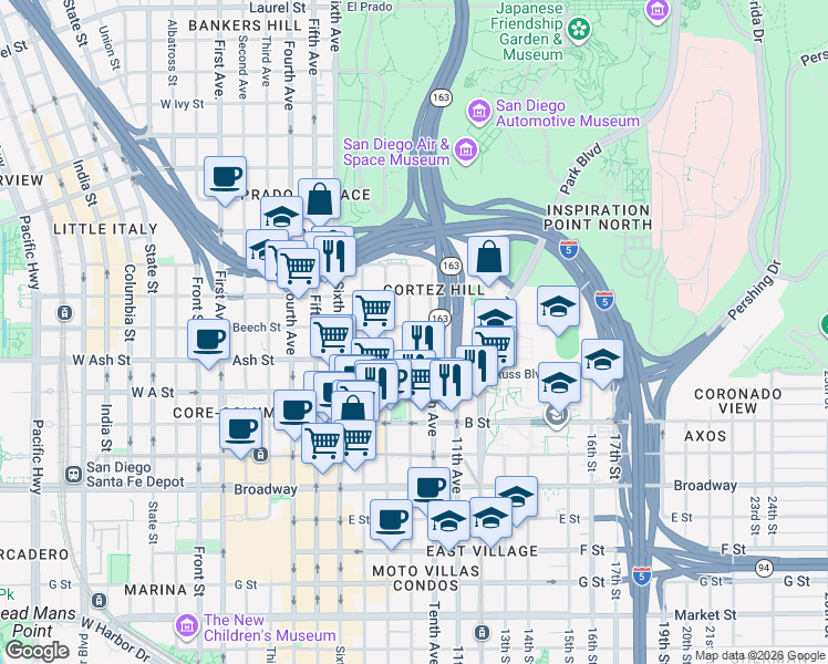 map of restaurants, bars, coffee shops, grocery stores, and more near 942 Beech Street in San Diego