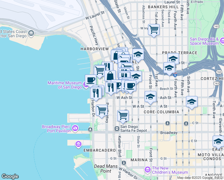 map of restaurants, bars, coffee shops, grocery stores, and more near 1531 Pacific Highway in San Diego
