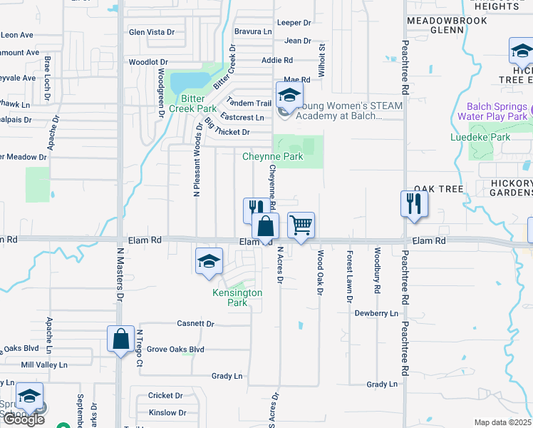 map of restaurants, bars, coffee shops, grocery stores, and more near 544 Cheyenne Road in Dallas